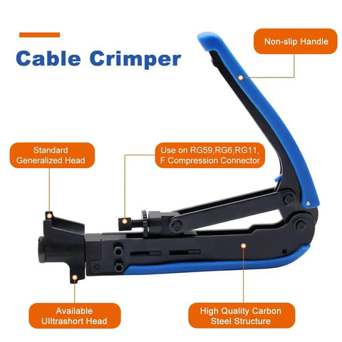 Coaxial Cable Crimping Kit With 20 F Compression Connectors Adjustable For RG6 RG59 RG11 RG58 RG7, close-up of crimper tool