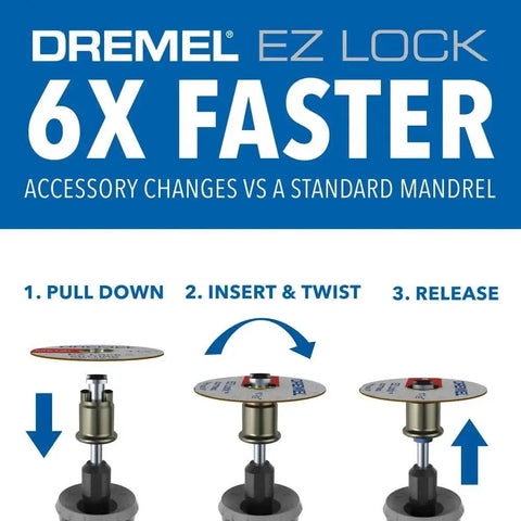 Graphic showing the Dremel EZ Lock accessory change process for the EZ Lock Cutting Accessory Kit For Rotary Tools 11 Piece Set.