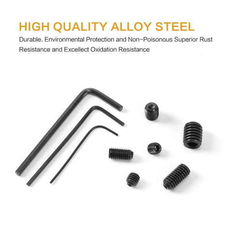 Internal Hex Drive Cup Point Screws Kit With 22 Sizes M2 To M8, 666 Pcs, 12.9 Grade Alloy Steel Black Finish, screws and hex keys visible.