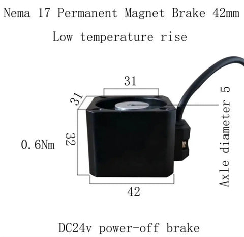 NEMA 17 brake stepper motor with permanent magnet brake, square 42x42 mm, 24V DC, 5 mm shaft, side view