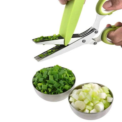 5 Blade Herb Scissors And Kitchen Shears Set For Herb Cutting with chopped green onions in metal bowls, stainless steel blades.