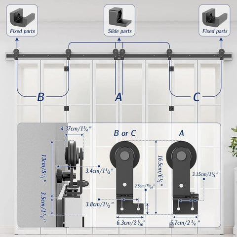 Diagram of 12 Foot Bi Folding Sliding Barn Door Hardware Track Kit for Interior Use Supports Eight Panels That Fold To Both Sides