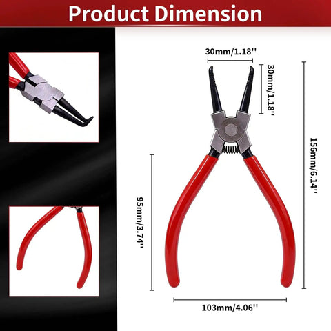 7 Inch Snap Ring Pliers With 90 Degree Bent Tips For Internal Circlip Installations And Retaining Ring Removal Precision Forged Internal Pliers Built Tough With Durable Red Handle For Easy Slip Free Gripping shown with dimensions