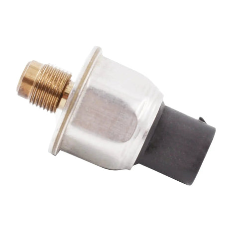 Brake fluid pressure sensor with brass threaded port, silver body, and black electrical connector (close-up view).