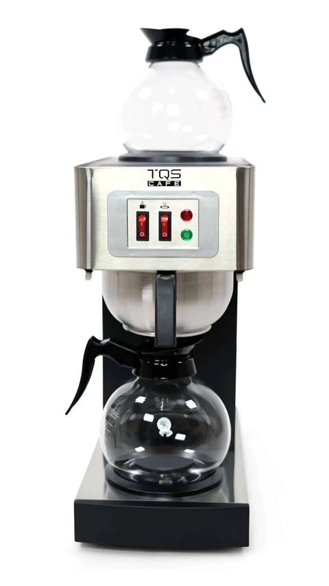 Front view of 12 Cup Commercial Coffee Maker Stainless Steel Dual Brew Machine For Office And Restaurant with glass carafes.