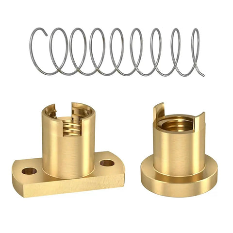 Two brass T8 anti-backlash spring-loaded nuts with mounting bases and a steel coil spring
