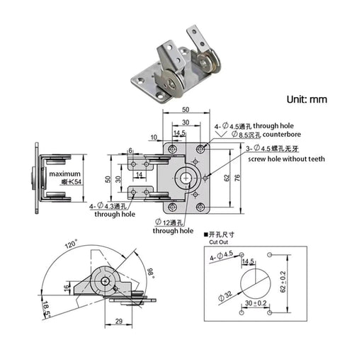 Technical diagram of Stainless Steel Damping Bilateral Torque Hinges 1 Piece For Cabinets And Doors Heavy Duty Soft Close Hinges.