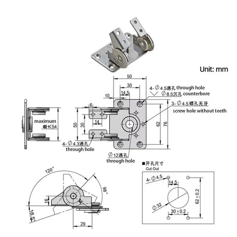 Front view of stainless steel damping bilateral torque hinge with mounting base, 1 piece