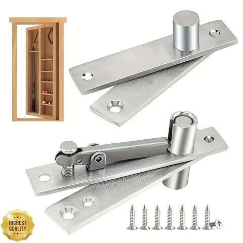 Rock Solid Heavy Duty Pivot Hinge Set For Secret Doors, stainless steel hinges with screws, shown with installation example.