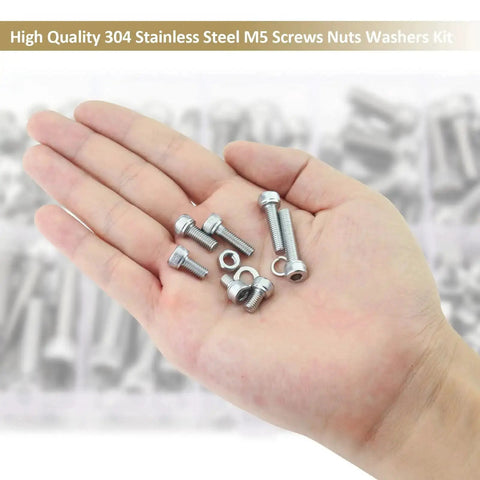 Hand holding 304 Stainless Steel Hex Socket Head Cap Screw Set 212 Pieces M5 Lengths 6 8 12 16 20 25 30mm Includes Nuts Lock Washers Flat Washers Fully Threaded All Purpose Kit.