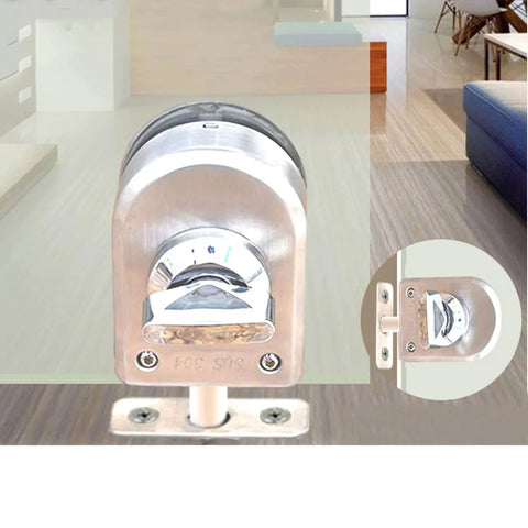 Keyless Glass Door Lock For 10mm To 12mm Glass Doors In Stainless Steel, Floor Latch Bolt installed on glass door, indoor view