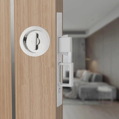 Pocket Door Hardware With Pull Recessed Door Handle Lock For Furniture Invisible Sliding Door Lock Handle installed on interior wood door