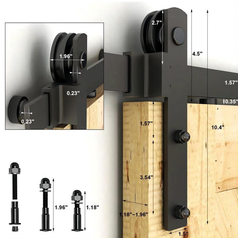 Close-up of 6.6 Foot Sliding Barn Door Hardware Kit with metal rollers and bolts for 35 to 40 inch wooden door installation.