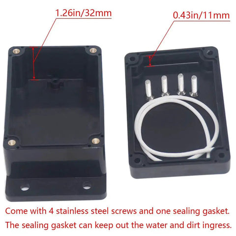 2 Pack IP65 Waterproof ABS Plastic Electrical Junction Boxes with fixed ears, open view showing screws and gasket, size 3.94 x 2.68 x 1.97 inches