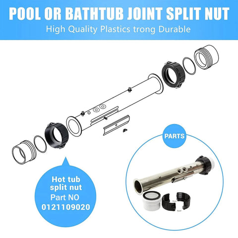 2-inch spa hot tub heater split nut unions with screws and gasket in exploded-view parts diagram