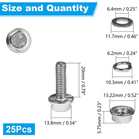 M6 Flanged Hex Head Bolts Kit, 20mm Length, 304 Stainless Steel, dimensions with nuts and washers, 25 sets display.