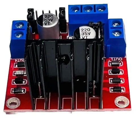 L298N Dual Channel Motor Driver Module For Arduino ESP32 ESP8266 Raspberry Pi, front view showing components on red PCB