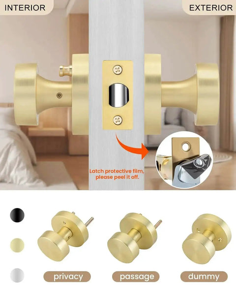 Brushed Gold Privacy Door Knobs Set, installed on door, showing interior and exterior views with one-touch lock