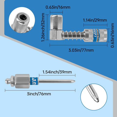 Grease Gun Coupler Kit With 12000 PSI Strength All In One Kit Extra Reach 90 Degree Adapter Precision 2MM Narrow Needle Tip