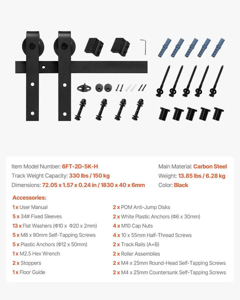 Image of Heavy Duty Sliding Barn Door Hardware Kit Supports Up To 330 Lb, For Doors Up To 36 Inches Wide And 1.375 To 1.75 Inches Thick