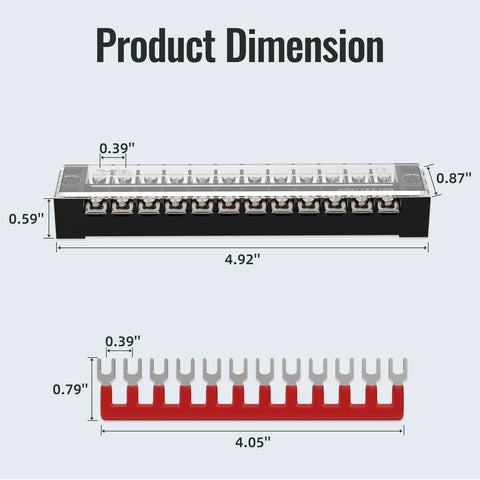 Dimensions of Heavy Duty 15A Screw Terminal Block With 12 Position Dual Row Covered Design, showing length and height measurements.