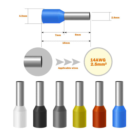 Diagram of yellow insulated barrel terminals 2.5mm2 with dimensions, part of 500Pcs AWG14 Wire Ferrules Kit for industrial wiring.
