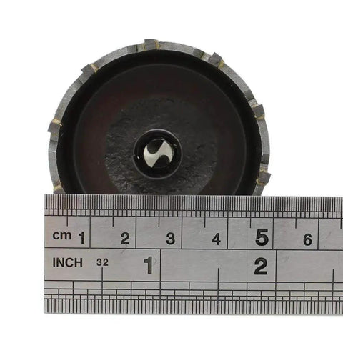 Front view of 2-Inch Hole Saw Kit With Carbide Tip TCT For Thick Metal And Wood next to ruler, universal arbor visible.