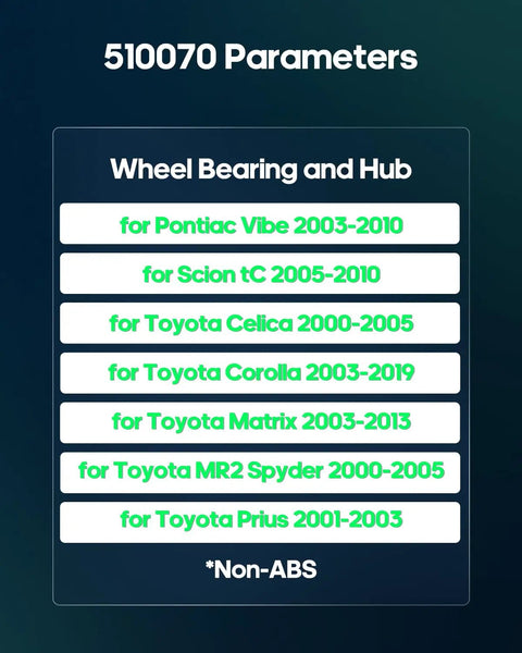 510070 Parameters for Wheel Bearing and Hub for Pontiac Vibe, Scion Tc, Toyota Celica, Corolla, Matrix, MR2 Spyder, Prius Non-ABS