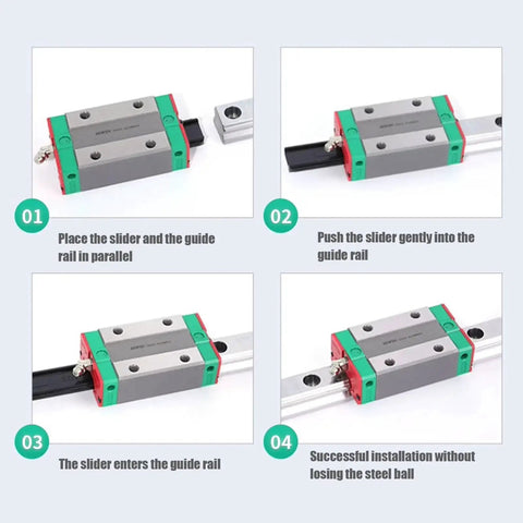 Installation steps of 9mm Mini Linear Rail Guide With Ball Retainer And Lubrication System, Steel Rail Block in four-point load design.