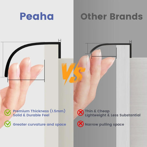 Comparison of Peaha 12 Pack 5 Inch Black Cabinet Pulls Edge vs Other Brands, showing thickness and curvature differences