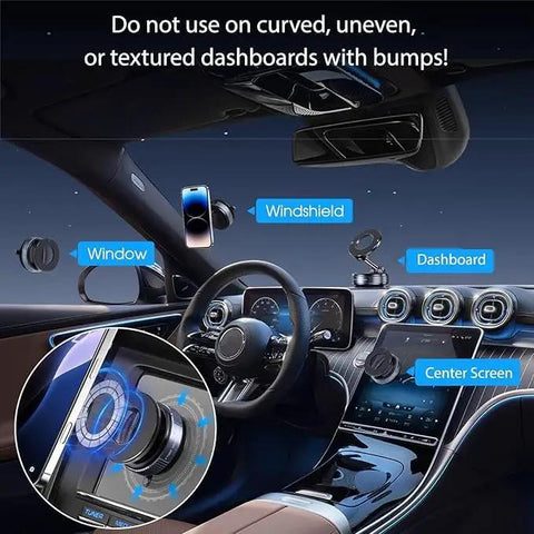 Magnetic car phone mount with 70-pound vacuum suction, black finish, 360° rotation installed on car dash