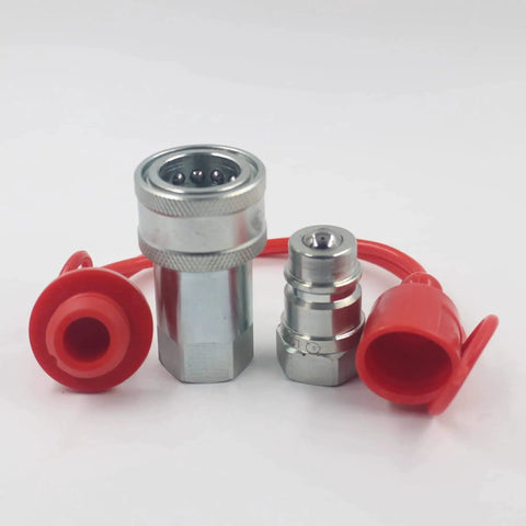Half Inch NPT Ag ISO 5675 Hydraulic Quick Connect Tractor Coupler Ball Style with Red Dust Caps, 2 Pack, front view