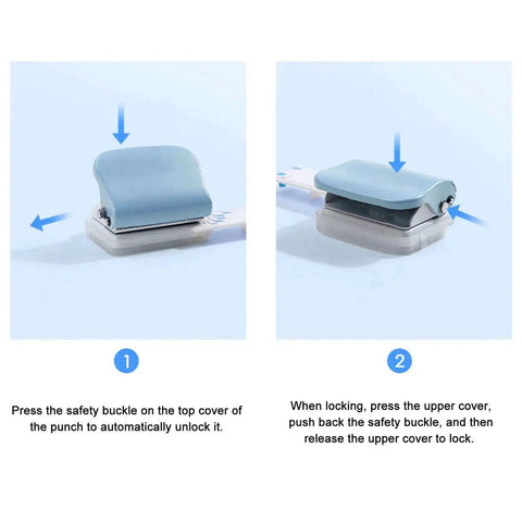 Instructions for using 3 Hole Paper Punch Handheld Hole Puncher For A4 A5 A6 A7 B5 And More, showing lock and unlock mechanism.