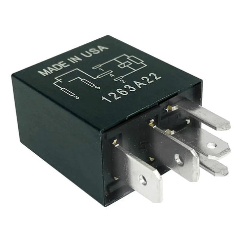 Close-up of Six Pack 12V DC Automotive Relays 40A 5 Pin SPDT High Current Relay Kit with visible terminals and USA marking.