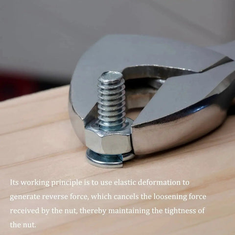 M30 split lock washer, 304 stainless steel, set of 4, shown with hex nut and bolt on wood.