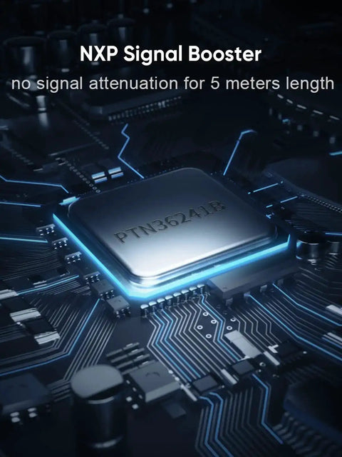 Close-up of NXP chip for signal boosting in Active USB 3.0 Extension Cable 16.4 Ft 5M Male To Female With Signal Booster And Gold Plated Connectors
