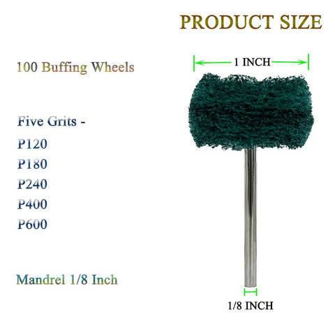Buffing Wheel Set 100 Pack Pro Grade For Metal Polishing Rotary Tool Accessories 1 Inch Diameter with 5 grits displayed.