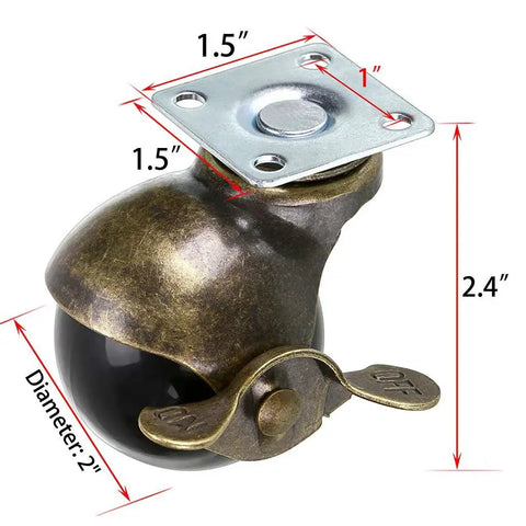 2 Inch Ball Caster Wheel Plate Caster With Brakes For Furniture And Cabinets Vintage Antique Swivel Caster For Storage Chests Pack Of 4 360 Lb Total Load Capacity Floor Safe PP Wheels With Steel Frame Includes 16 Screws, showing side view with dimensions.