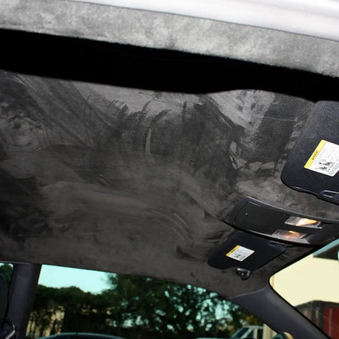 Installed Double Sided Faux Suede Headliner Fabric Without Foam Backing Cars Trucks SUVs on car roof interior view.