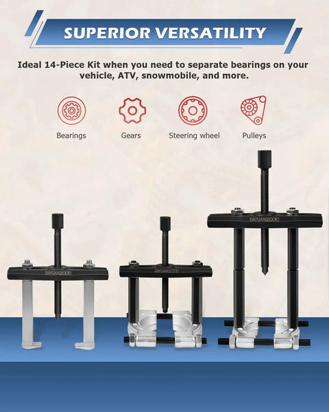 Heavy Duty Bearing Separator Puller Set With 5 Ton Capacity showing 2 Inch and 3 Inch bearing splitters, ideal for automotive use
