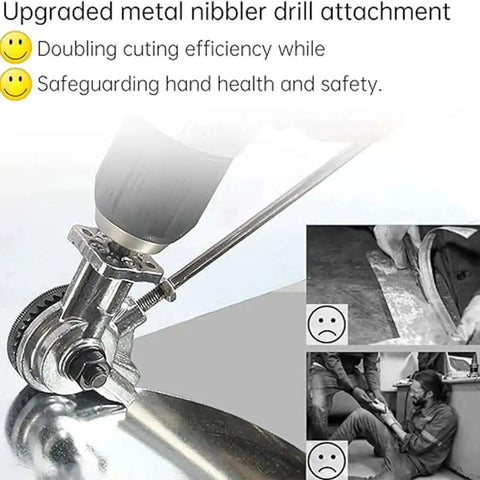 Close-up of plate cutter attachment for electric drills, designed for sheet metal cutting, demonstrating neat and accurate trimming.