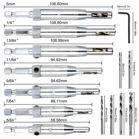 Center Drill Bit Set 21 Piece With Self Centering Hinge Tapper Core Hole Puncher And Hex Key Includes Bits 5/64 In 7/64 In 9/64 In 11/64 In 13/64 In 5 Millimeter And 1/4 In Plus 10 Replacement Bits AFUNTA, showing various sizes and hex key.