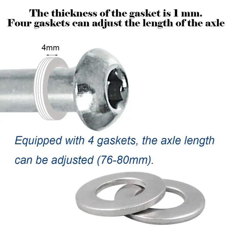 Close-up of durable steel axle screw with 4 adjustable gaskets for Eight Millimeter Axle Screws For Two Three Four Wheel Kids Scooters Replacement.