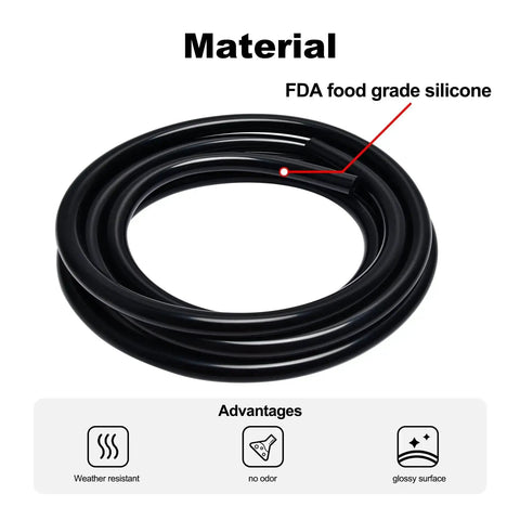 Coiled Go-To Heavy Duty Silicone Vacuum Tubing Kit Black 5 Ft showing FDA food grade material with advantages icons
