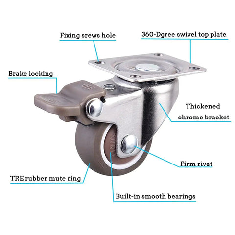1 Inch Plate Caster Wheels Low Profile Swivel Casters Set Of 4 Heavy Duty 99 Lb Capacity with brakes, quiet rubber wheels, thickened bracket