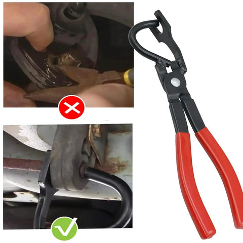 Exhaust Hanger Removal Tool Pliers Compatible With All Exhaust Rubber Hangers shown in use and isolated view