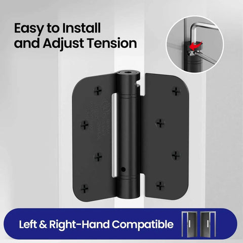 Self Closing Door Hinges 4 Inch Matte Black Spring Loaded Five Eighth Inch Radius Corners adjustable tension on white door