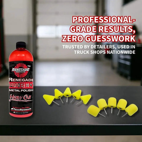 Pro Red Liquid Metal Polish Kit with 1/8 inch shanks, including cones and barrels for aluminum and stainless steel wheels.