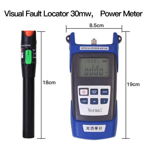 Fiber optic tool kit, blue optical power meter with display; black visual fault locator pen (2-piece set)