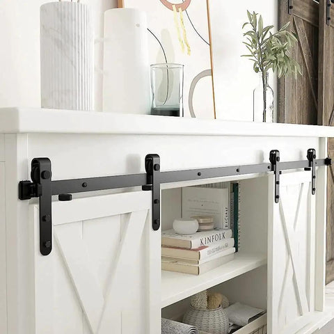 Super Mini Cabinet Sliding Barn Door Hardware Kit For Wardrobe And TV Stand, Black Powder Coated Carbon Steel, installed on white cabinet